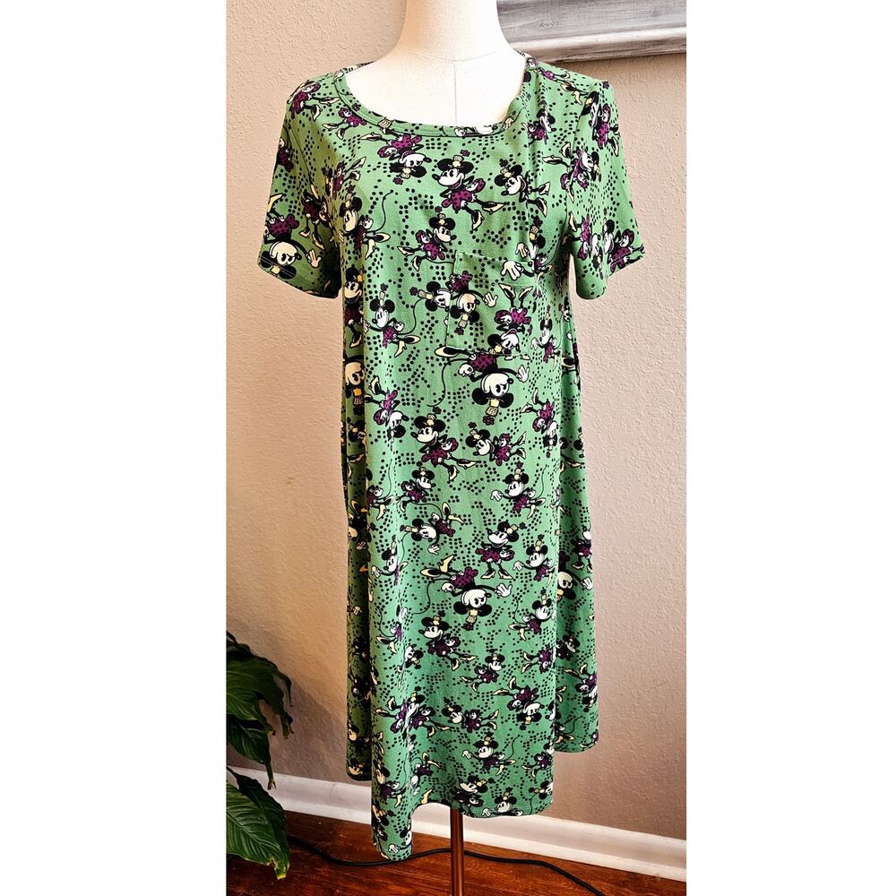 Lularoe Women's Carly Disney Minnie Mouse Print Pullover Midi Dress Size S Green